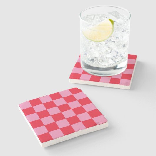 Retro Checkerboard Geruit Patroon Roze Sinaasappel Stenen Onderzetter (Zijkant)