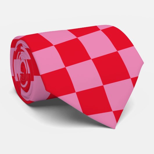 Retro Checkerboard Geruit Patroon Roze Sinaasappel Stropdas (Opgerold)