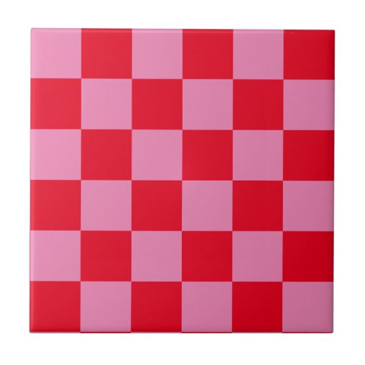 Retro Checkerboard Geruit Patroon Roze Sinaasappel Tegeltje (Voorkant)