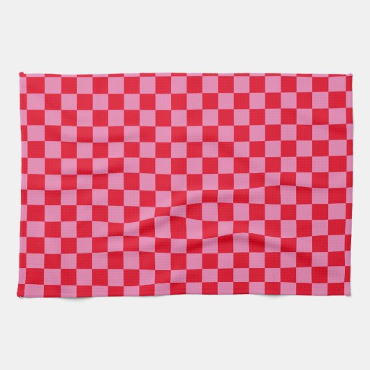Retro Checkerboard Geruit Patroon Roze Sinaasappel Theedoek (Horizontaal)