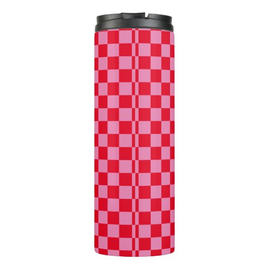 Retro Checkerboard Geruit Patroon Roze Sinaasappel Thermosbeker (Achterkant)
