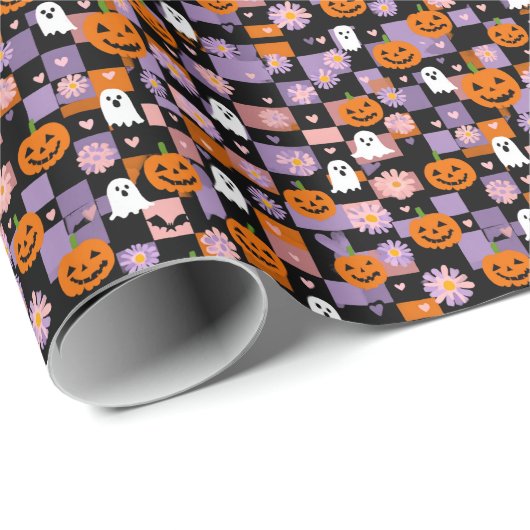 Retro Checkerboard Halloween Geesten en Pompoenen Cadeaupapier (Rol Hoek)