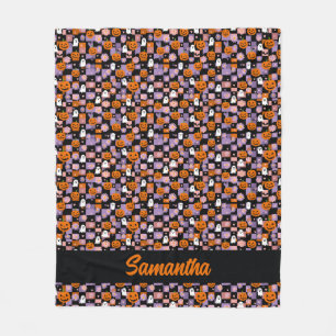 Retro Checkerboard Halloween Geesten en Pompoenen Fleece Deken