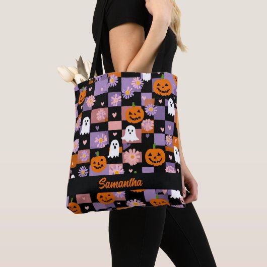 Retro Checkerboard Halloween Geesten en Pompoenen Tote Bag (Dichtbij)