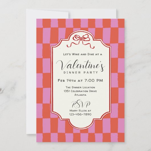 Retro Checkerboard Handdrawn Bow Valentine Dinner Kaart (Voorkant)