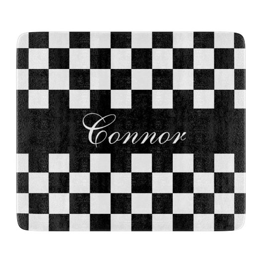 Retro Checkerboard in zwart-wit | DIY-naam Snijplank (Voorkant)