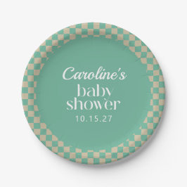 Retro Checkerboard Mint Sage Baby shower Aangepast Papieren Bordje