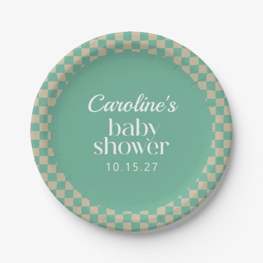 Retro Checkerboard Mint Sage Baby shower Aangepast Papieren Bordje (Voorkant)