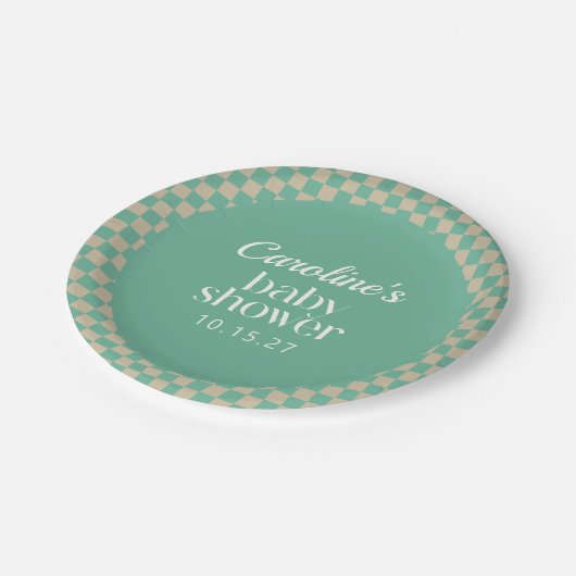 Retro Checkerboard Mint Sage Baby shower Aangepast Papieren Bordje (Gekanteld)