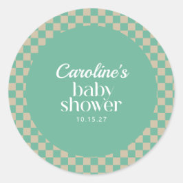 Retro Checkerboard Mint Sage Baby shower Aangepast Ronde Sticker