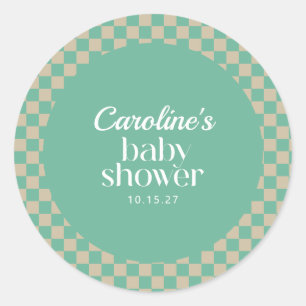 Retro Checkerboard Mint Sage Baby shower Aangepast Ronde Sticker