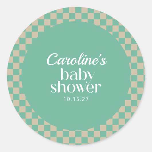 Retro Checkerboard Mint Sage Baby shower Aangepast Ronde Sticker (Voorkant)