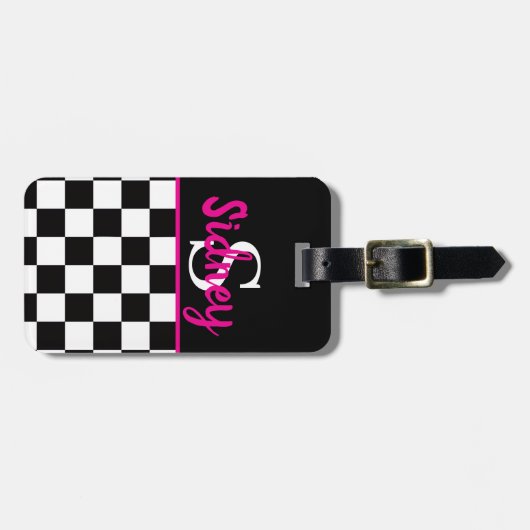 Retro Checkerboard Neon Pink Name Monogram Bagagelabel (Voorkant horizontaal)