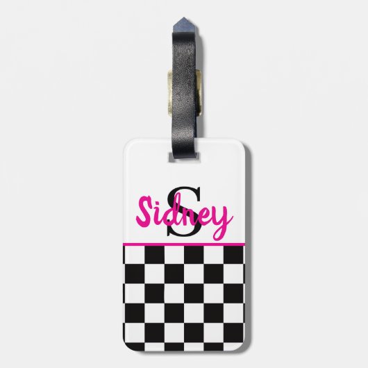 Retro Checkerboard Neon Pink Name Monogram Bagagelabel (Achterkant verticaal)