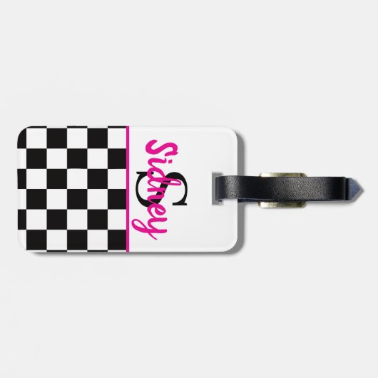 Retro Checkerboard Neon Pink Name Monogram Bagagelabel (Achterkant horizontaal)