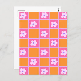 Retro Checkerboard-patroon in Oranje en Paars Briefkaart