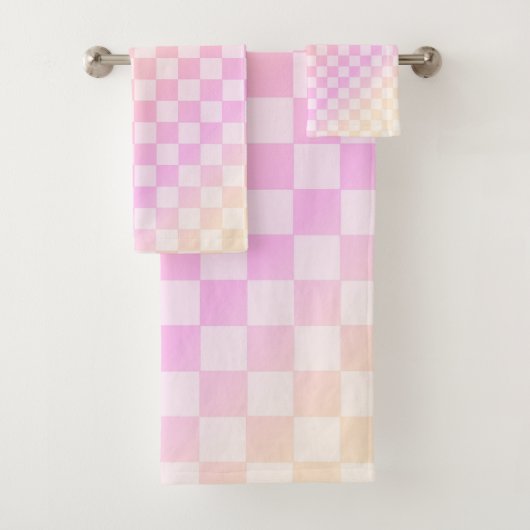 Retro Checkerboard Perzik Fuzz Roze Verloop Bad Handdoek (Insitu)