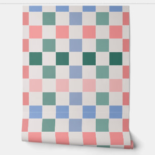 Retro Checkerboard Plaid (roze, groen, blauw) Behang