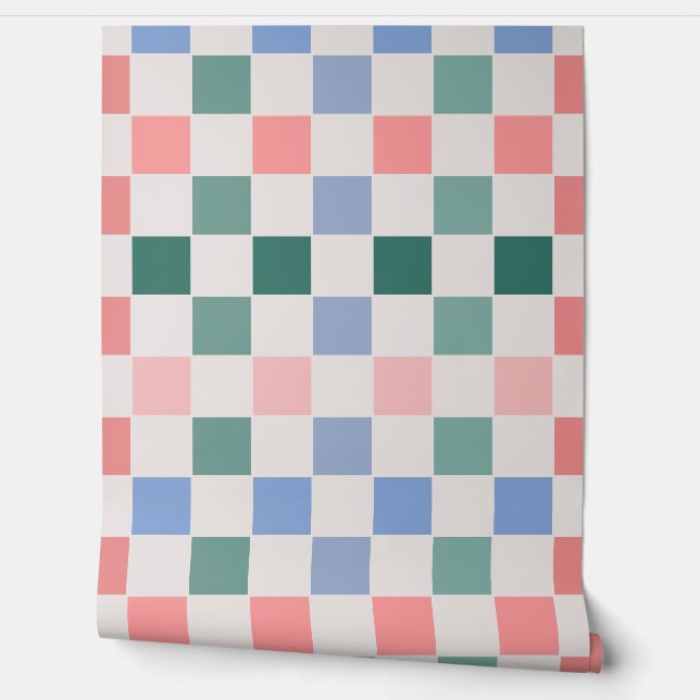 Retro Checkerboard Plaid (roze, groen, blauw) Behang (Afrollen)