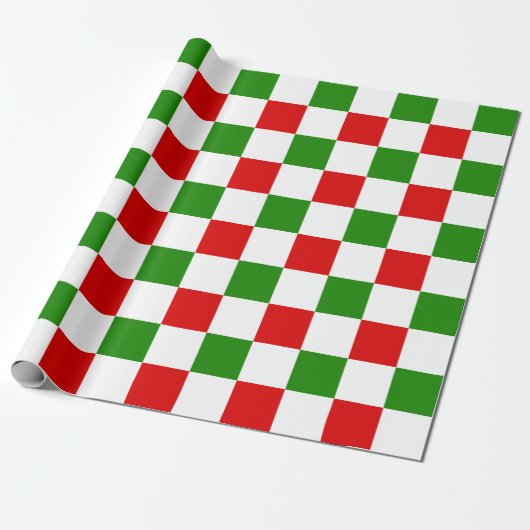 Retro Checkerboard Red en Green Kerstmis Cadeaupapier (Uitgerold)