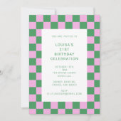 Retro Checkerboard roze Green 21st Birthday Party Kaart (Voorkant)