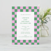 Retro Checkerboard roze Green 21st Birthday Party Kaart (Staand voorkant)