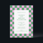 Retro Checkerboard roze Green 21st Birthday Party Kaart<br><div class="desc">Cute Fun Modern Checkerboard Geometric 21st Birthday Party Invitation in Pink and Green</div>