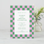 Retro Checkerboard roze Green 21st Birthday Party Kaart<br><div class="desc">Cute Fun Modern Checkerboard Geometric 21st Birthday Party Invitation in Pink and Green</div>