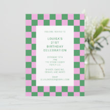 Retro Checkerboard roze Green 21st Birthday Party
