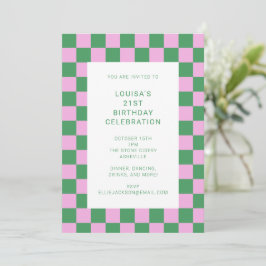 Retro Checkerboard roze Green 21st Birthday Party Kaart