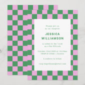 Retro Checkerboard Roze Groen Uniek Bat Mitzvah Kaart (Voorkant / Achterkant)