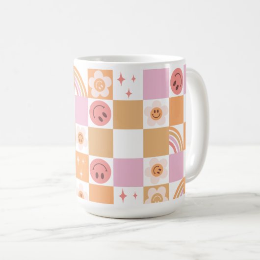 Retro Checkerboard Smile Face 60s Pattern-Mok Koffiemok (Voorkant rechts)