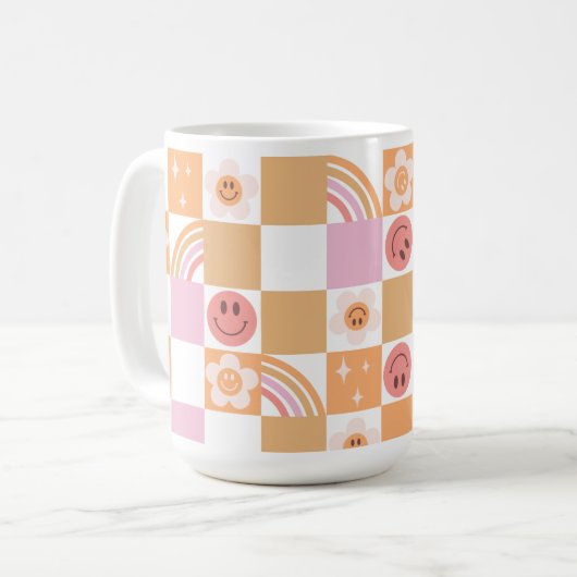 Retro Checkerboard Smile Face 60s Pattern-Mok Koffiemok (Voorkant links)