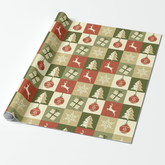 Retro Checkered Christmas Red and Green  Cadeaupapier (Uitgerold)