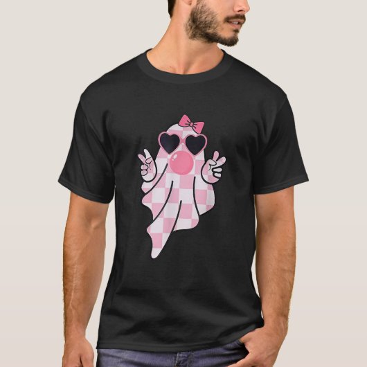 Retro Checkered Cute Pink Ghost Blowing Bubble Gum T-shirt (Voorkant)