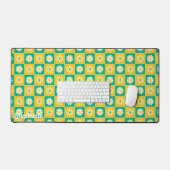 Retro Checkered Daisies Geel Groen Script Naam Bureaumat (Keyboard & Muis)