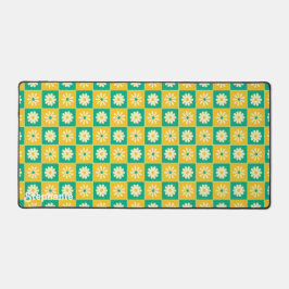 Retro Checkered Daisies Geel Groen Script Naam Bureaumat