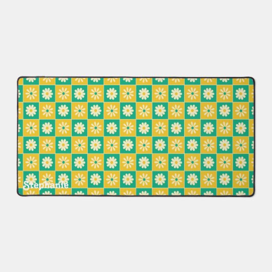 Retro Checkered Daisies Geel Groen Script Naam Bureaumat (Voorkant)