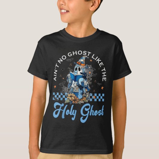 Retro Checkered Floral Denim Ghost Black Cat Witch T-shirt (Voorkant)