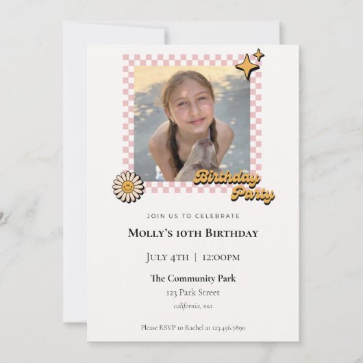 Retro Checkered foto verjaardag uitnodiging (Voorkant)