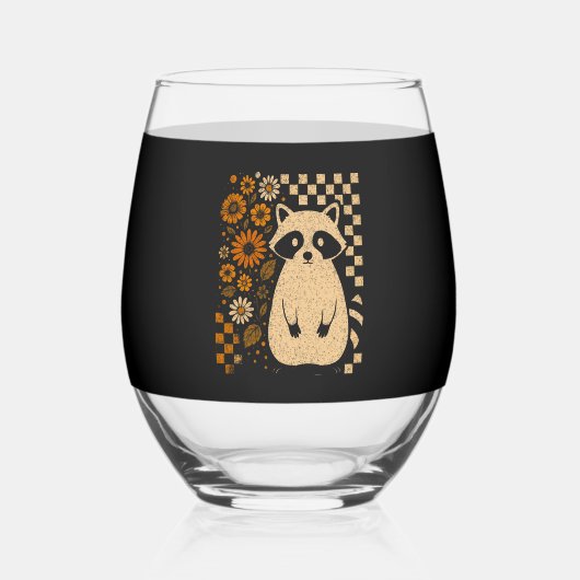 Retro Checkered Halloween Raccoon Wijnglas Zonder Voet (Voorkant)