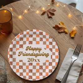Retro Checkered Happy Friendsgiving-jaar Papieren Bordje