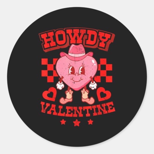Retro Checkered Howdy Western Valentines Day Cowbo Ronde Sticker (Voorkant)