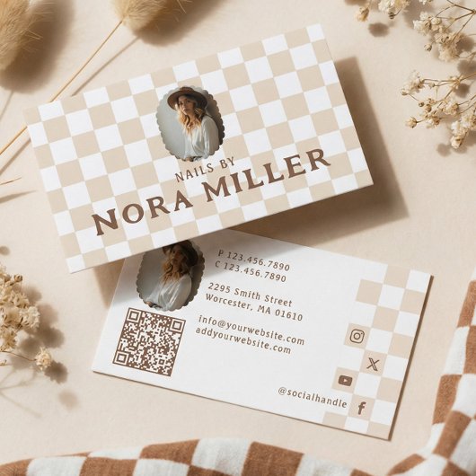 Retro Checkered Pattern Nail Beauty Artist Photo Visitekaartje