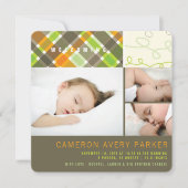 Retro Checks and Scribbles Chic 3 Photo Boy Birth Aankondiging (Voorkant)