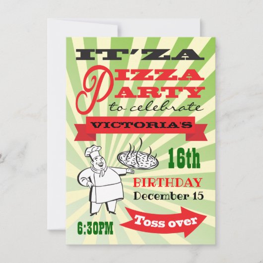 Retro Chef Pizza Verjaardagsfeestje Poster Stijl Kaart (Voorkant)