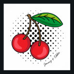 Retro Cherries Comic Book Food Pop Art Poster<br><div class="desc">Schimmelige retro popart stijl print van een rode kersen illustratie,  over een cirkel van halftone zwarte stippen. Editable tekstomslagen rond de bodemhoek van het kunstwerk,  voor u om met namen of een bericht aan te passen</div>