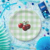 Retro Cherries fresh picked green gingham Papieren Bordje (Feest)