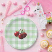 Retro Cherries fresh picked green gingham Papieren Bordje (Feest)