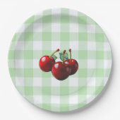 Retro Cherries fresh picked green gingham Papieren Bordje (Voorkant)